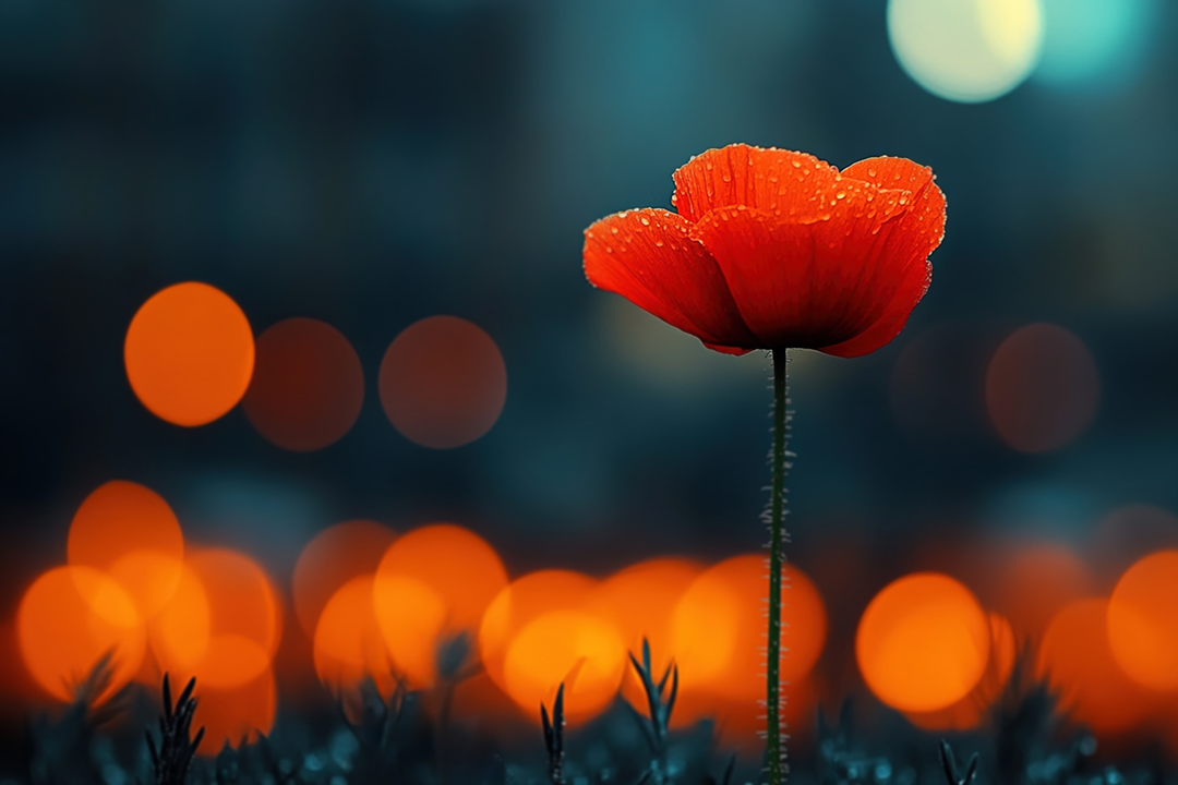 Une fleur rouge éclatante sur un fond flou bleu avec des bokeh lumineux.